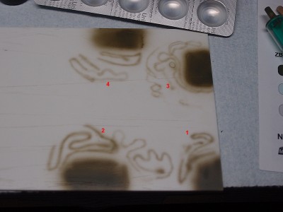 1 - originální ředidlo, 2 - Leveling, 3 - Thiner Mr.C, 4 - X20A