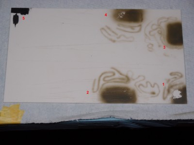 1 - originální ředidlo, 2 - leveling, 3 - modré Mr. Color, 4 - X20A, 5 - štětec